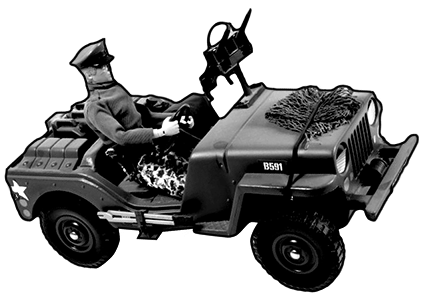 male action figure in jeep