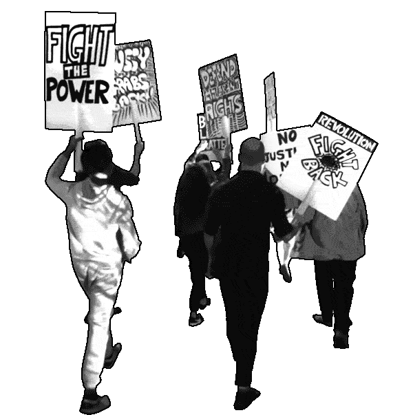 animated protesters walk away